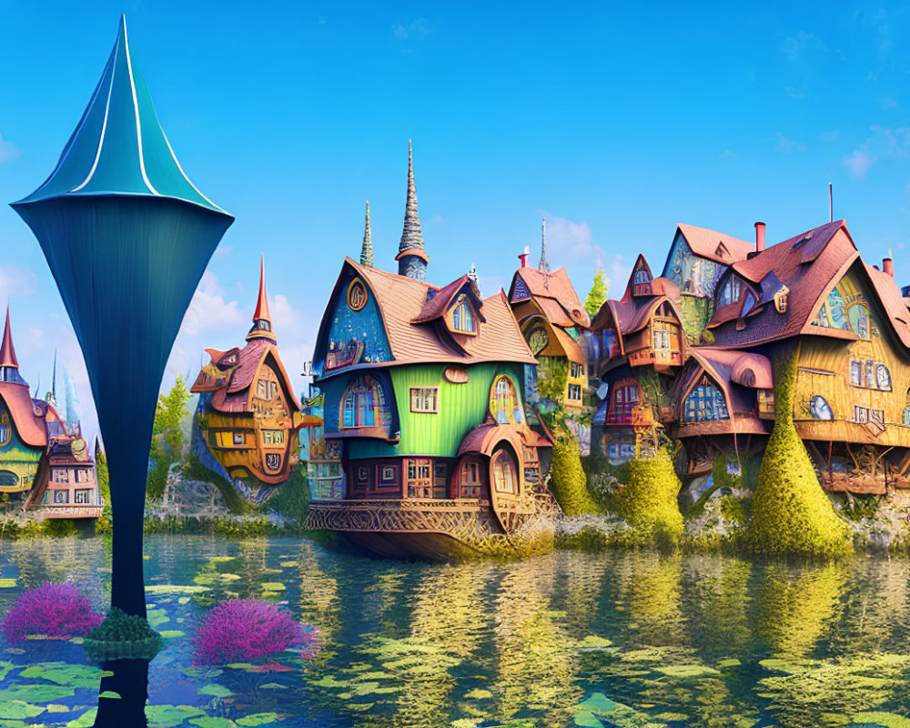 Whimsical fantasy village with vibrant architecture by reflective water