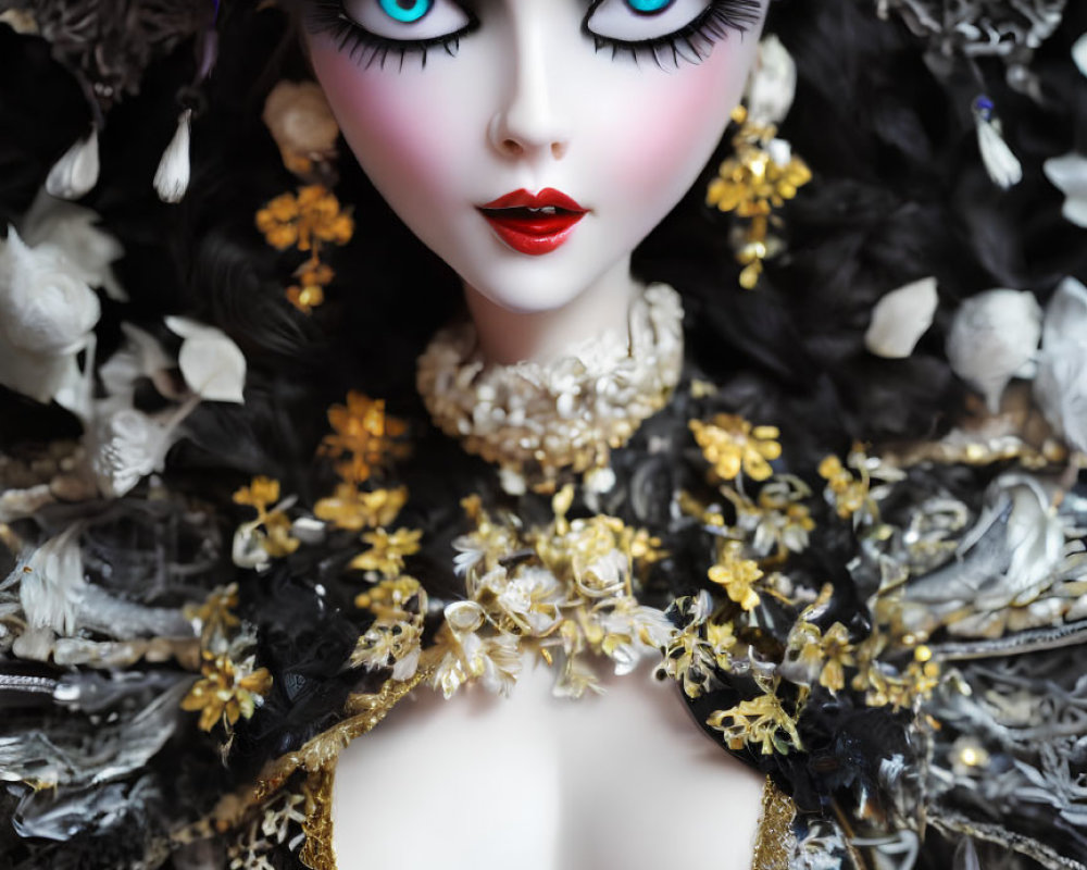 Dark-haired doll in ornate gold and black attire with blue eyes and red lips.