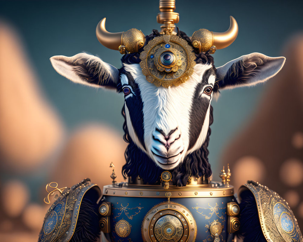 Majestic goat digital artwork with golden horn armor.