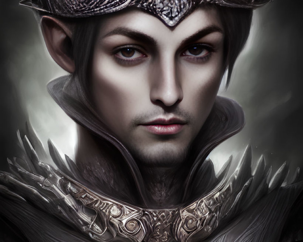 Fantasy male character with detailed crown and armor in digital art