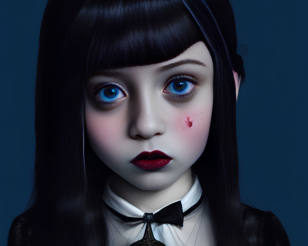 Digital artwork of a girl with big blue eyes and dark hair.