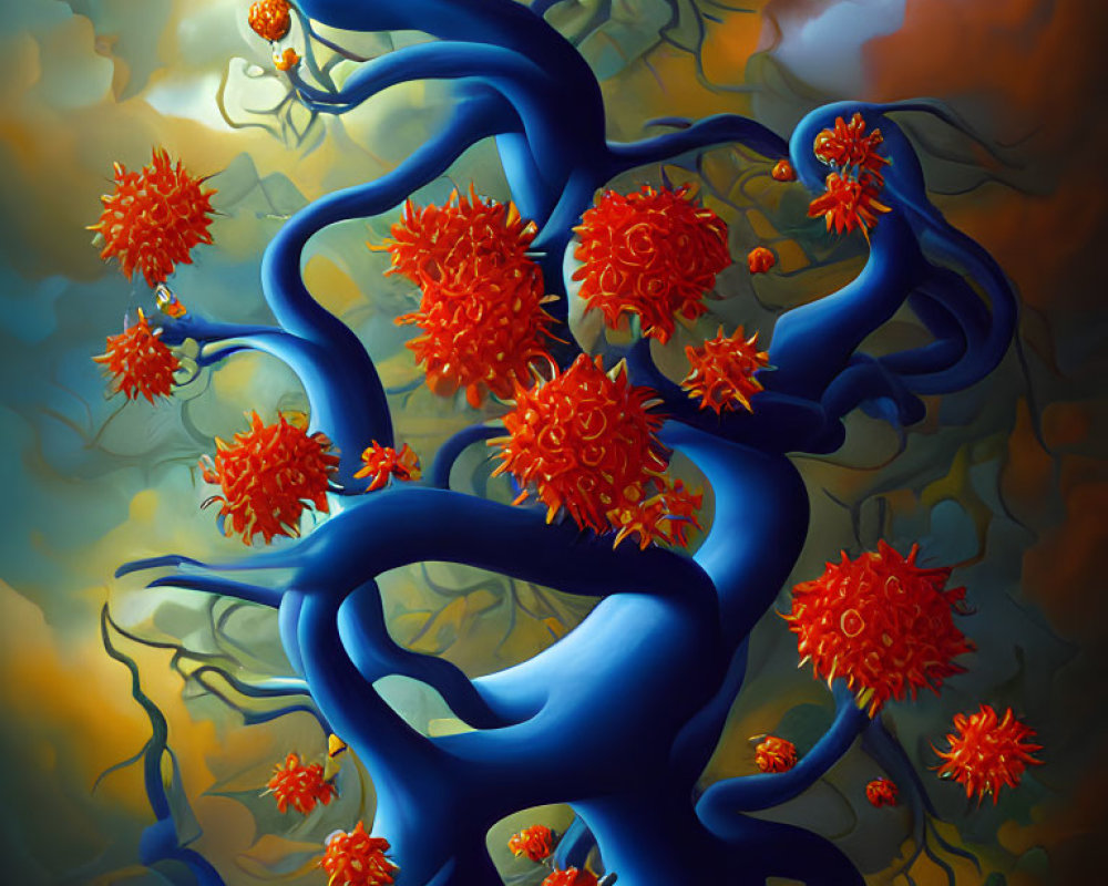 Vibrant blue tree with red flowers in surreal painting