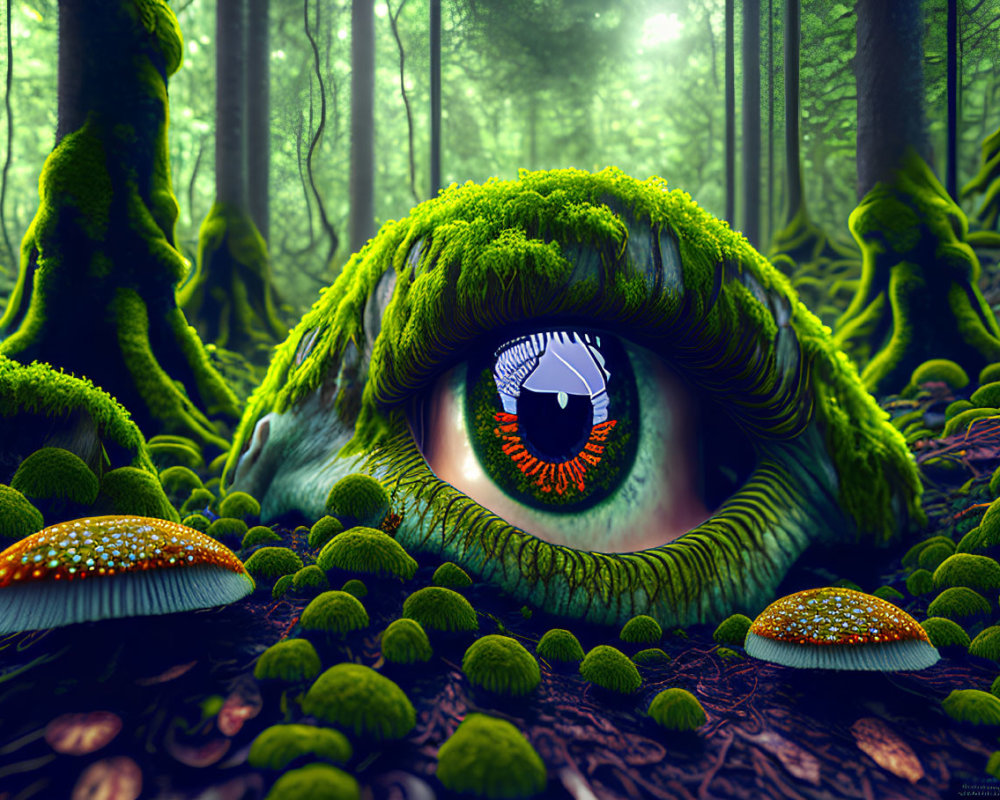 Surreal forest scene with giant moss-covered eyeball and lush greenery