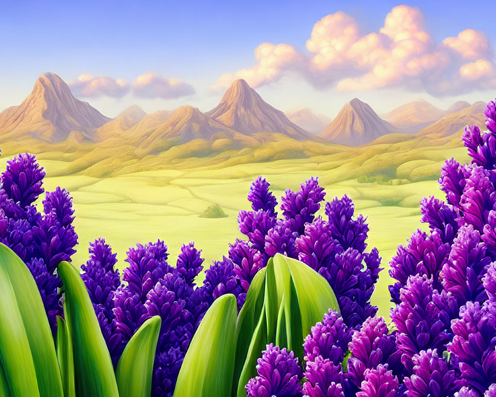 Scenic landscape with purple flowers, green hills, and distant mountains