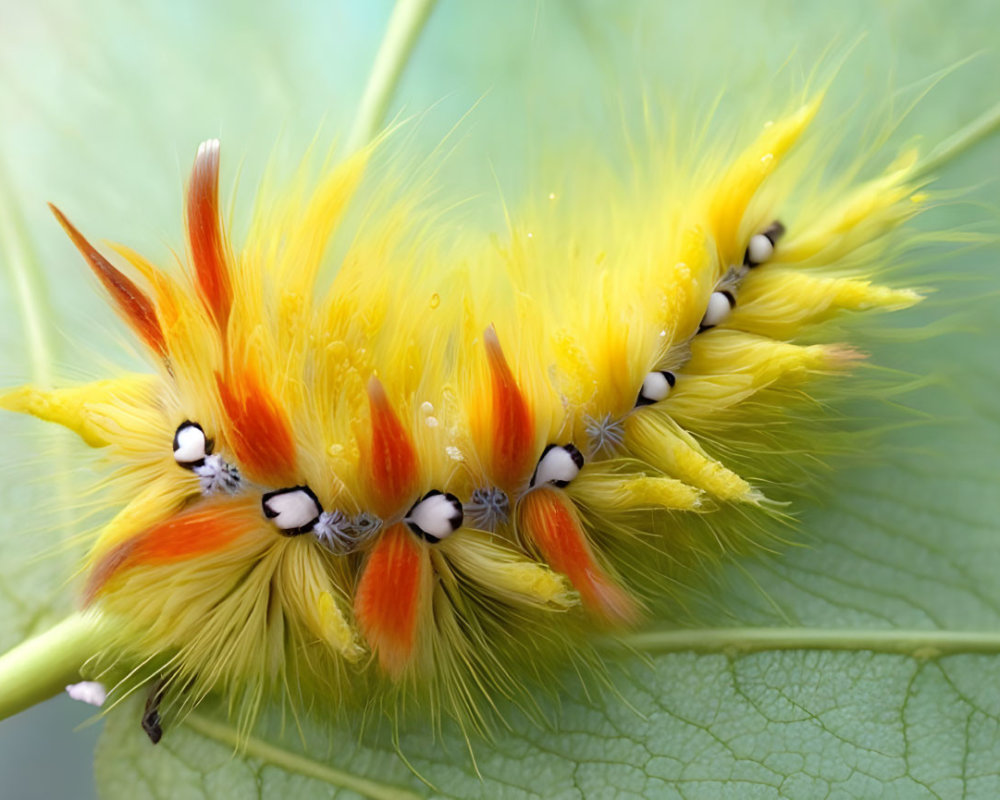 Colorful Yellow and Orange Caterpillar with White Spots on Green Leaf