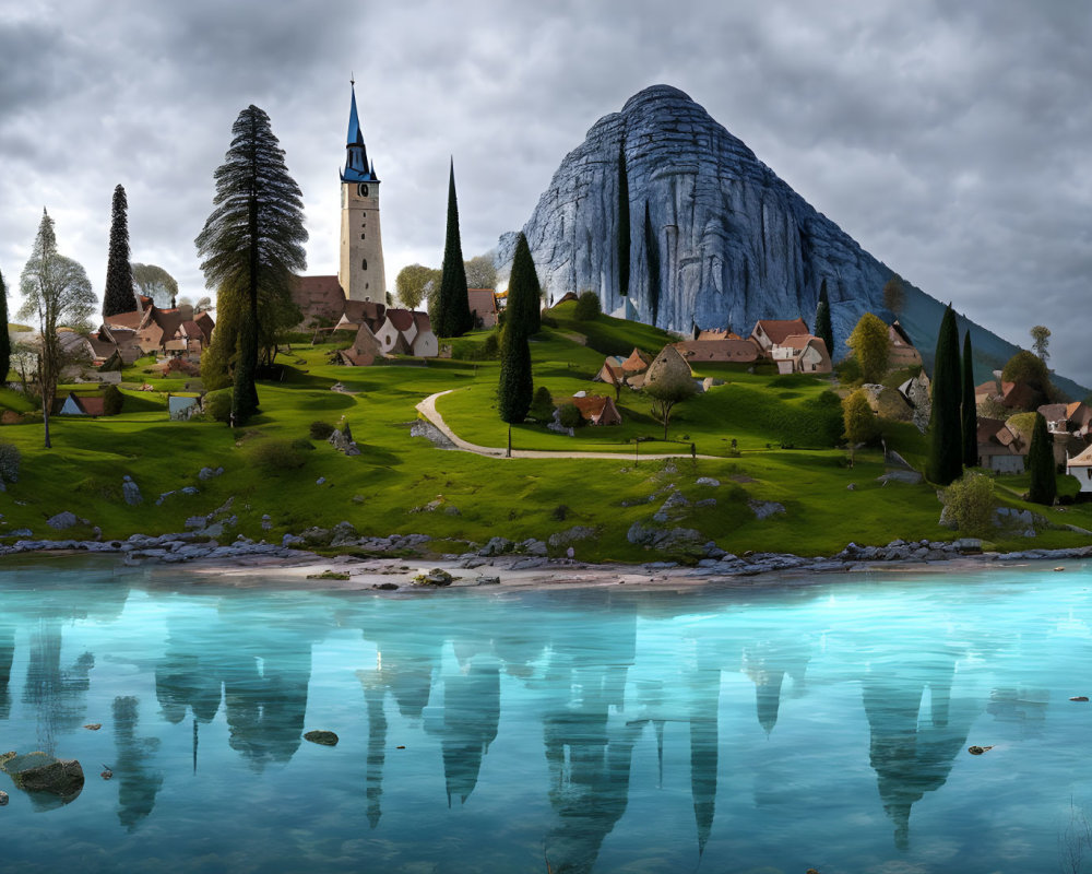 Scenic village with church spire, lake, trees, and mountain