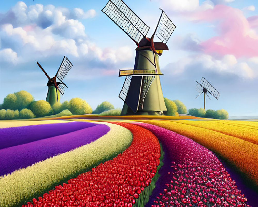 Colorful Dutch Landscape with Tulip Fields and Windmills