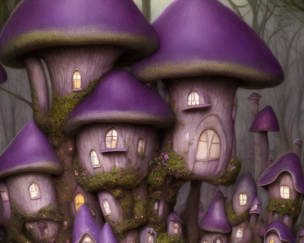 Purple Mushroom Houses in Enchanted Misty Forest