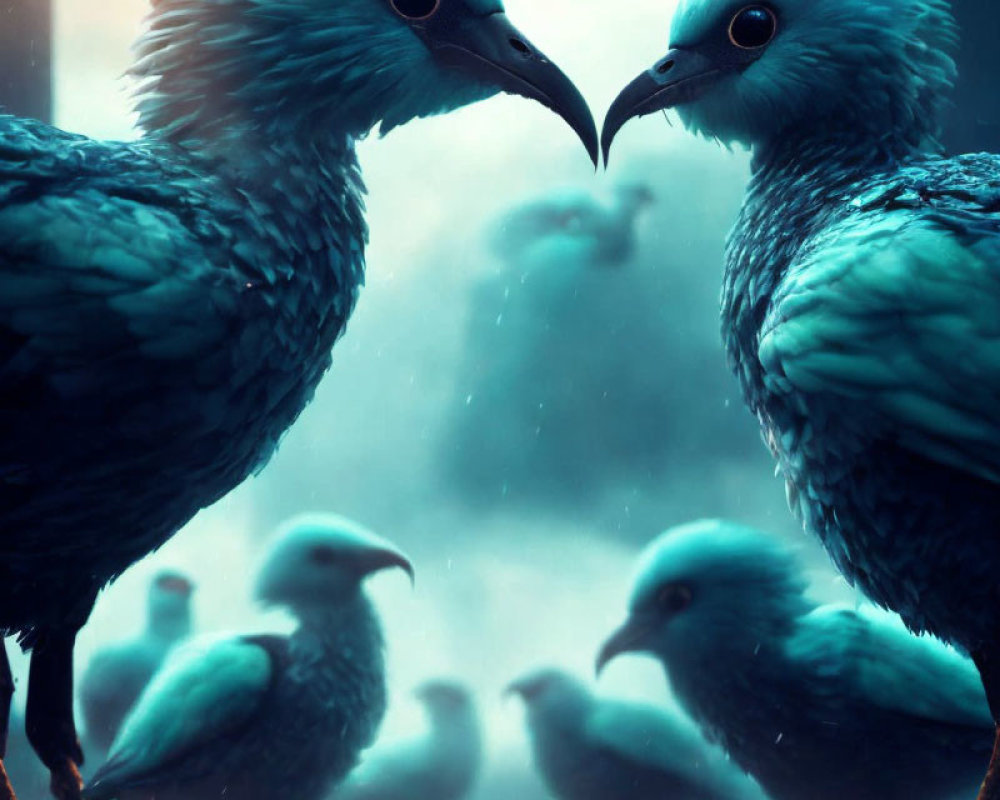 Stylized blue birds touching beaks on branch with glowing background