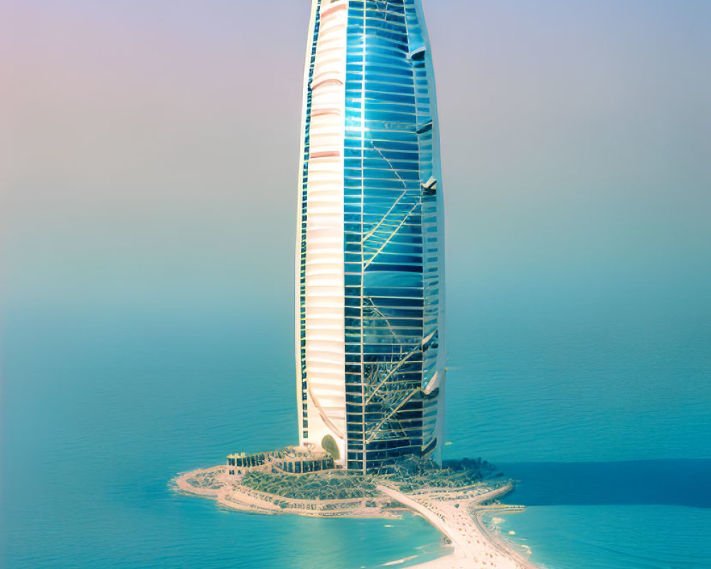 Iconic sail-shaped Burj Al Arab hotel in Dubai on sandy beach with palm trees under clear sky