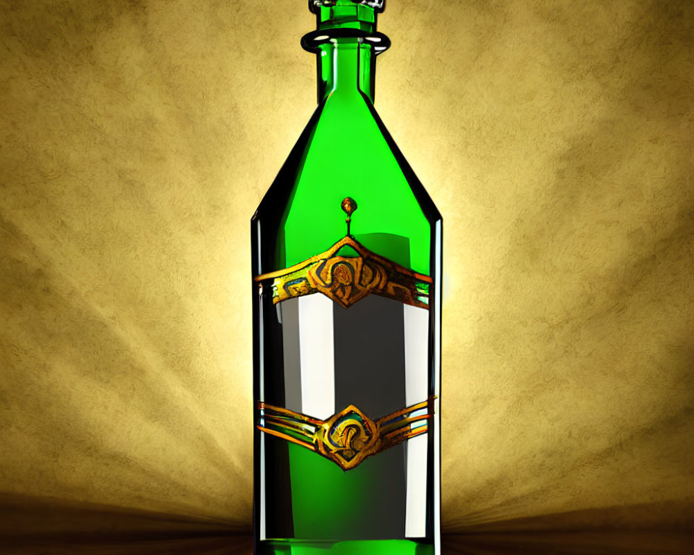 Green Glass Bottle with Black and Gold Label on Amber Background