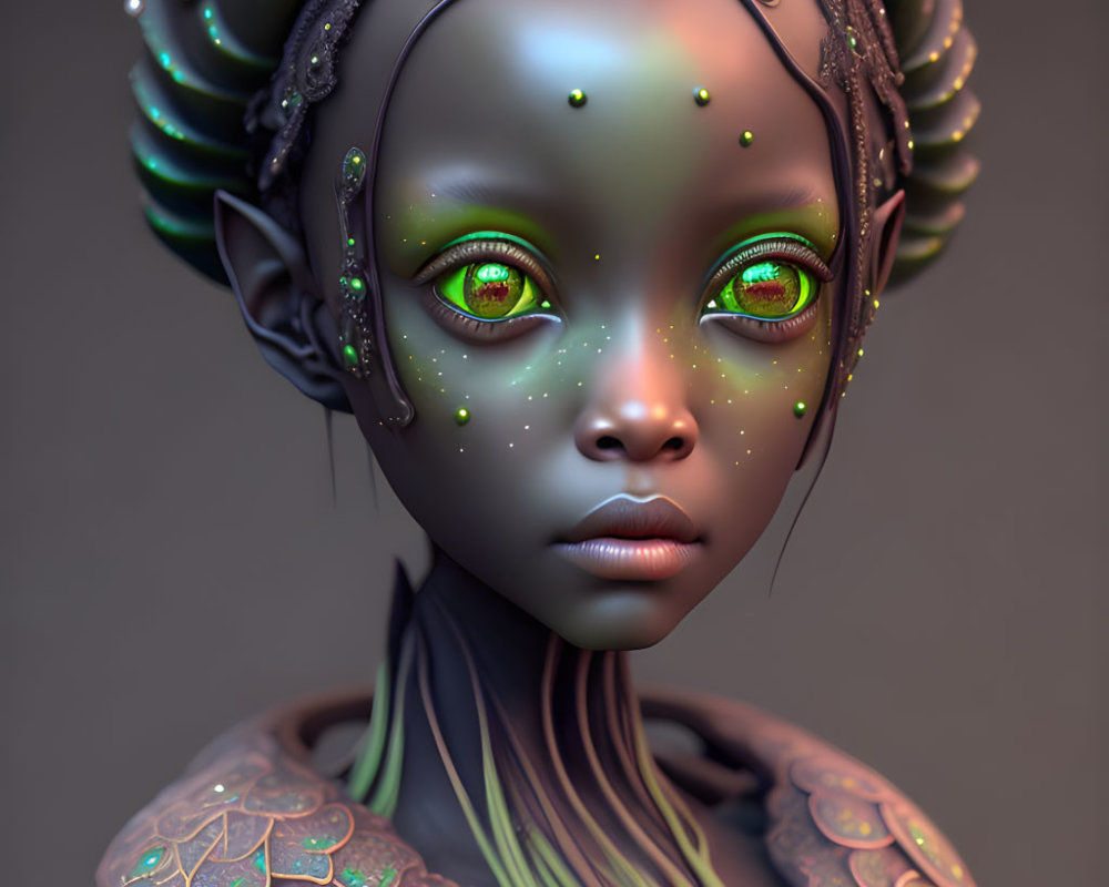 Digital Artwork of Otherworldly Female Figure with Green Eyes and Nature-Inspired Armor