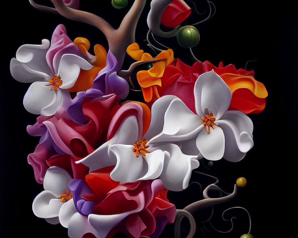 Whimsical tree with vibrant flowers and berries on dark background