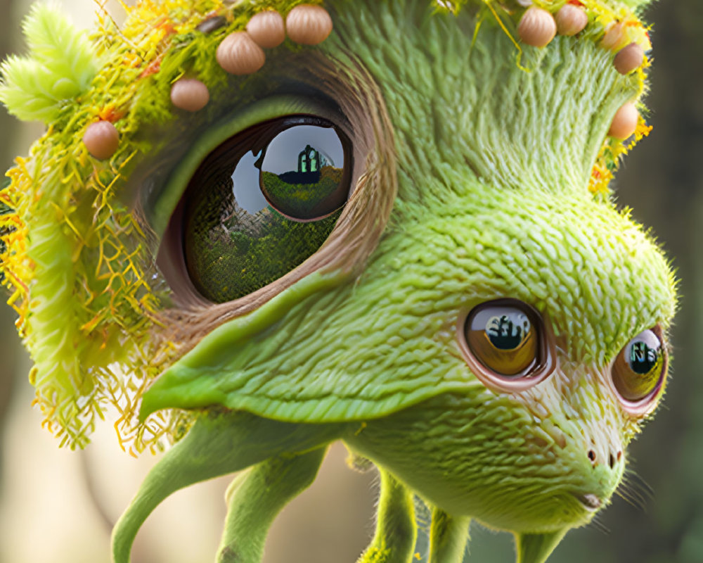 Green lizard-like creature with expressive eyes and plant-like features