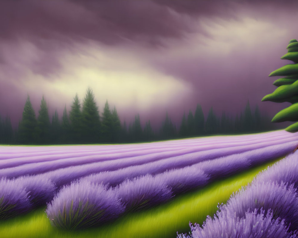 Lavender field with purple sky, sun, and pine tree