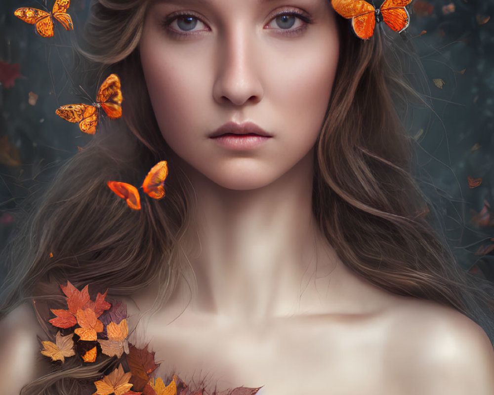 Woman with Crown Surrounded by Butterflies and Autumn Leaves, Blue Eyes