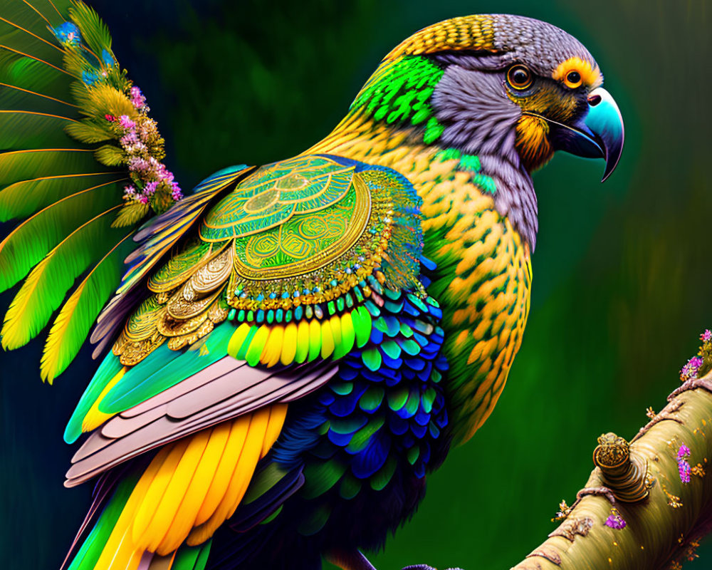 Colorful Stylized Bird with Detailed Patterns Perched on Branch