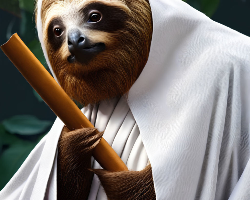 Sloth in Jedi costume with lightsaber in dark forest