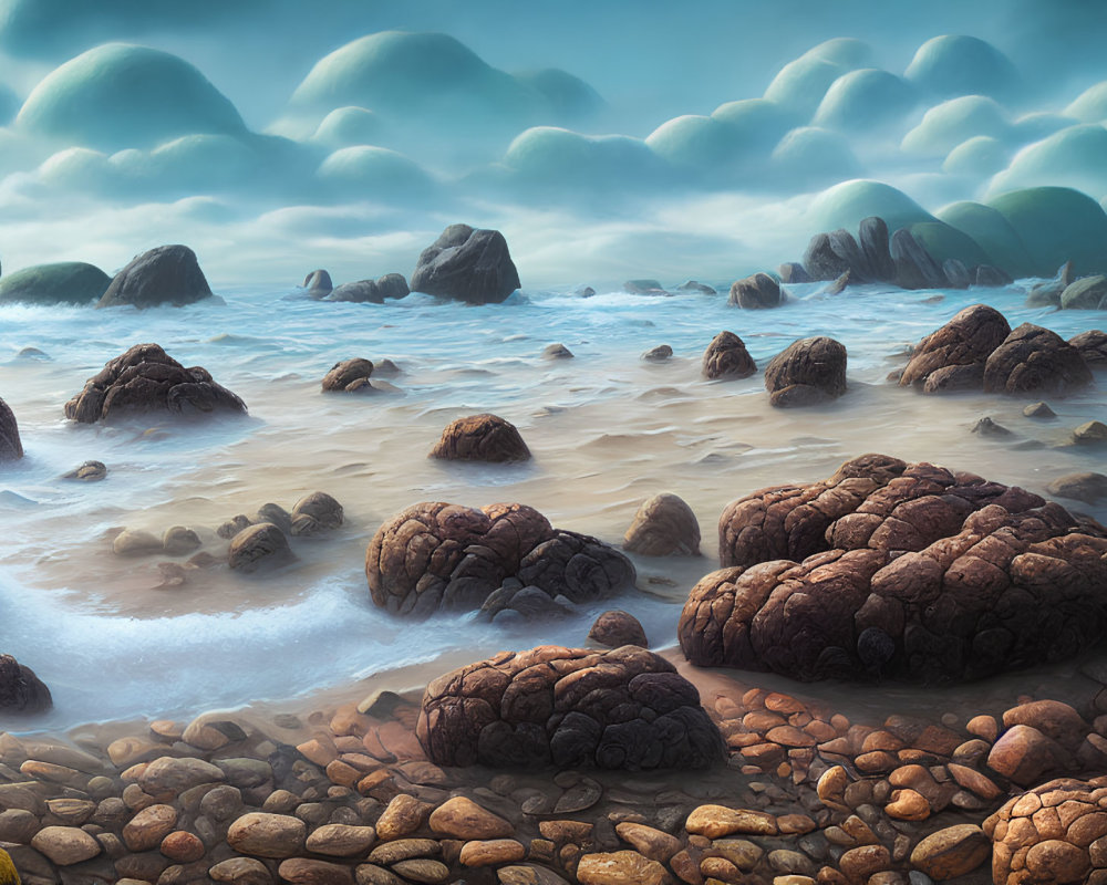 Tranquil seascape with smooth water and rocky shore under surreal dome-shaped clouds