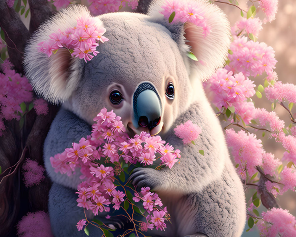 Fluffy koala with pink blossoms in tree habitat