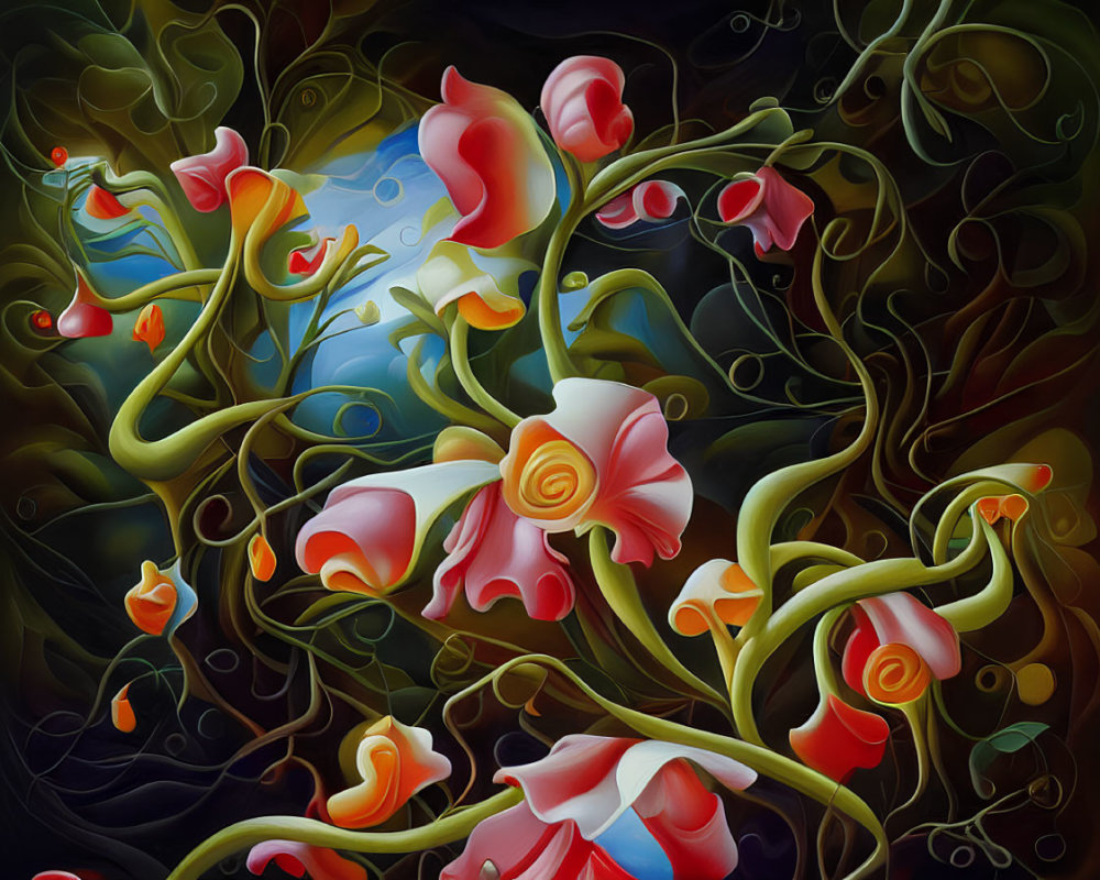 Vibrant surrealist painting of red and white flowers on dark background