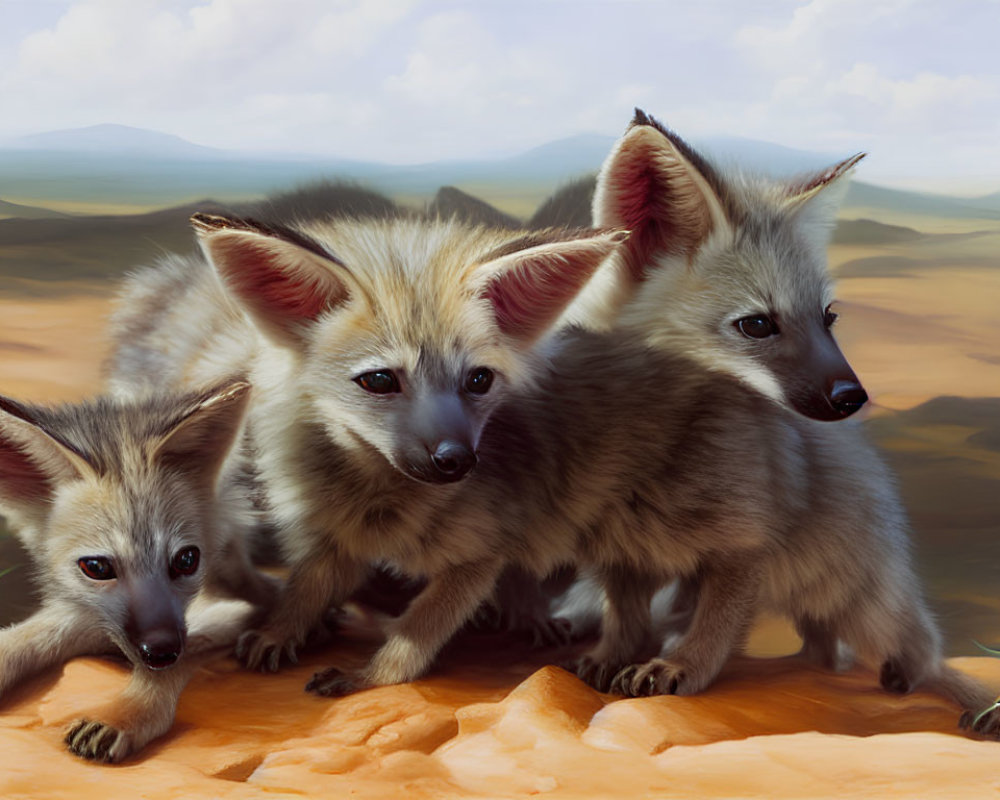 Three Bat-Eared Foxes in Desert Landscape with Grass Tufts