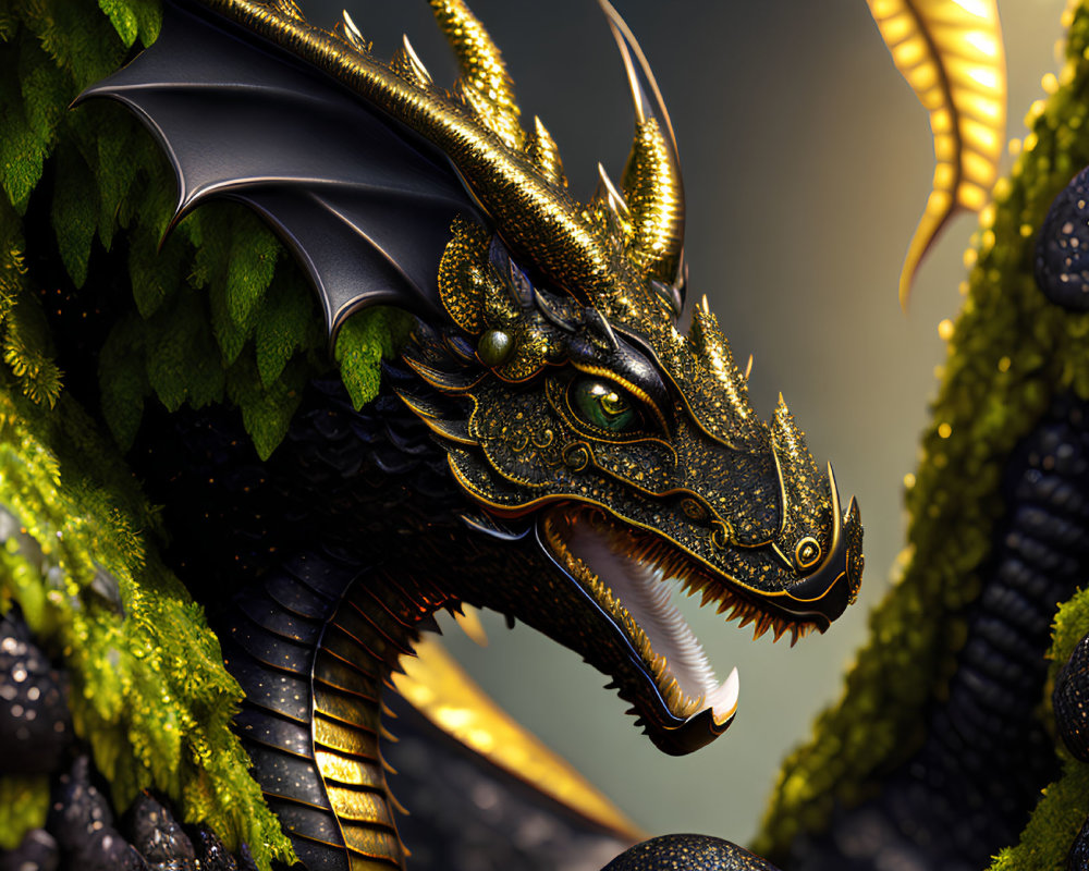 Detailed close-up of majestic black and gold dragon with intricate scales and horns, set in lush vegetation.