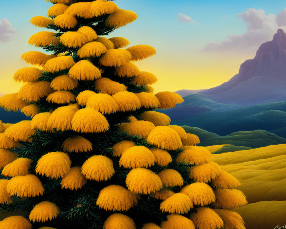 Colorful painting of a unique tree against golden hills and mountain under sunset.