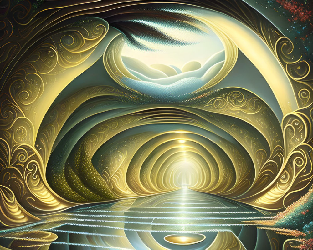 Surreal fractal landscape with swirling patterns in gold, green, and black