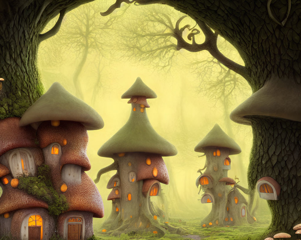 Enchanting forest scene with archway, mushroom houses, green path, and ethereal light