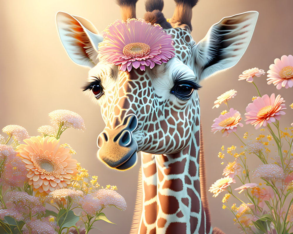 Whimsical digital illustration of a giraffe with a pink flower, surrounded by colorful flowers