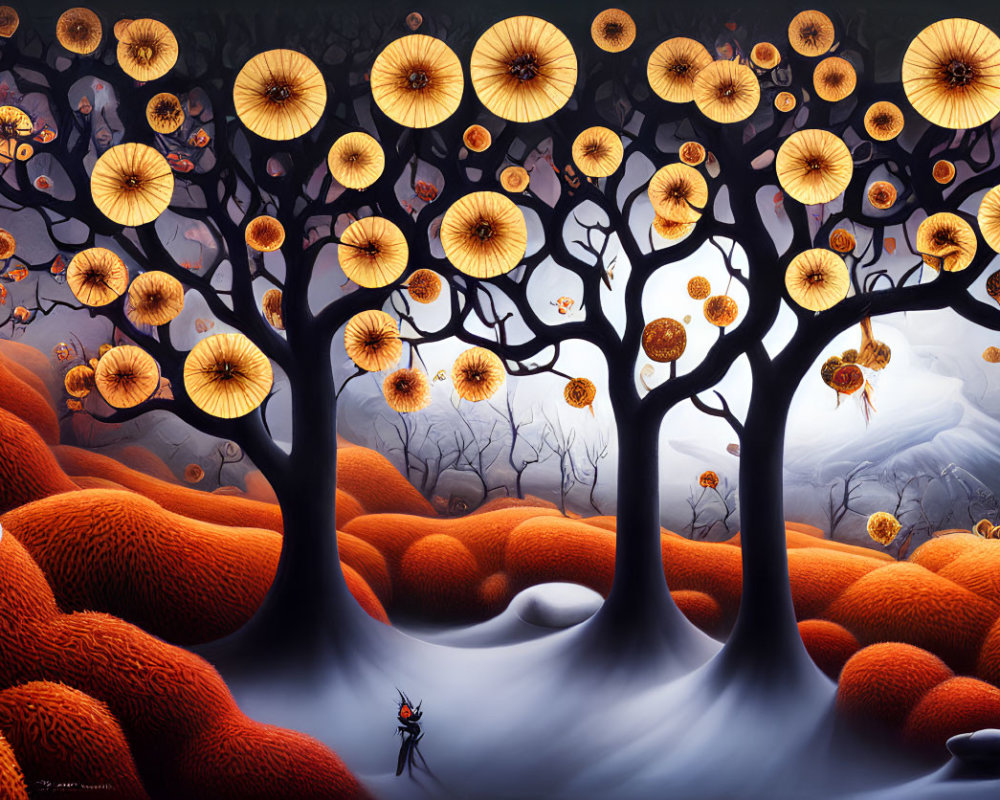 Starry dandelion-like trees in twilight landscape with orange hills