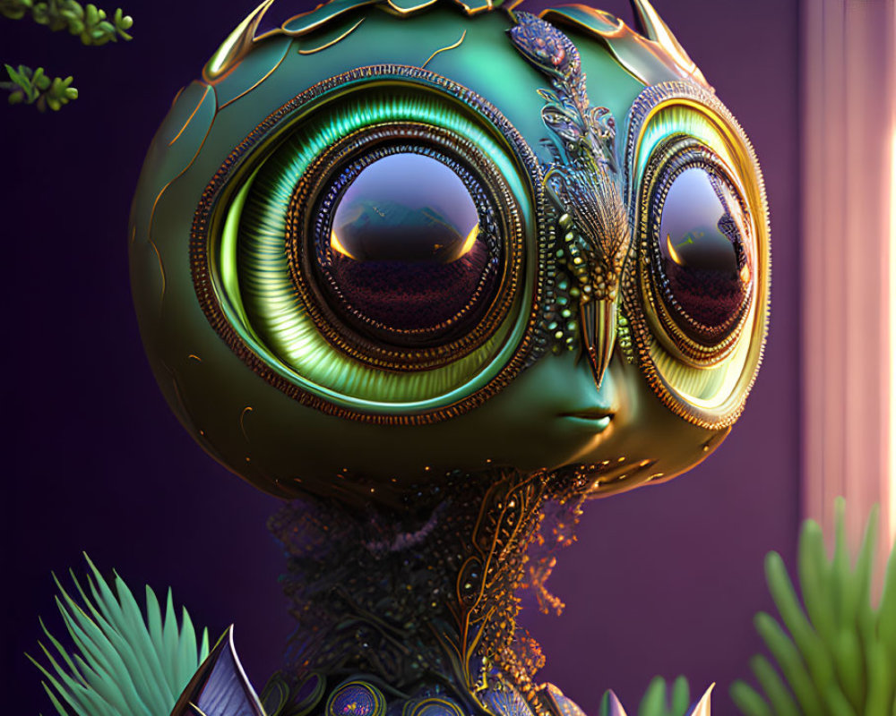 Intricate whimsical creature with luminous eyes and metallic details on purple background