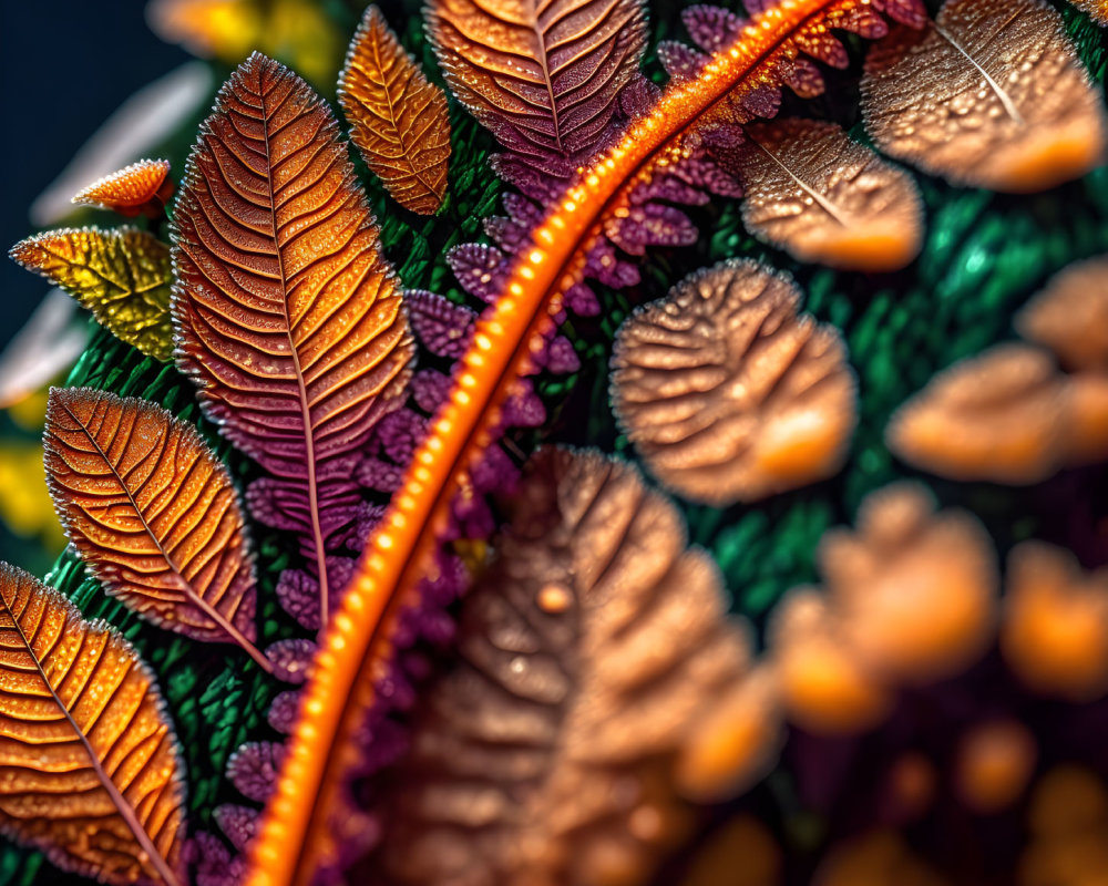 Detailed Close-Up of Vibrant Orange and Green Textured Leaves