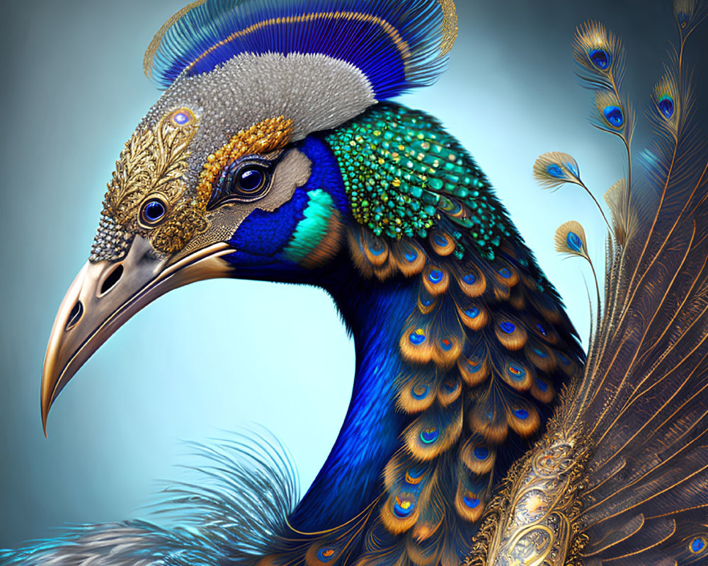 Detailed digital artwork: Peacock with vibrant blue, green, and gold feathers