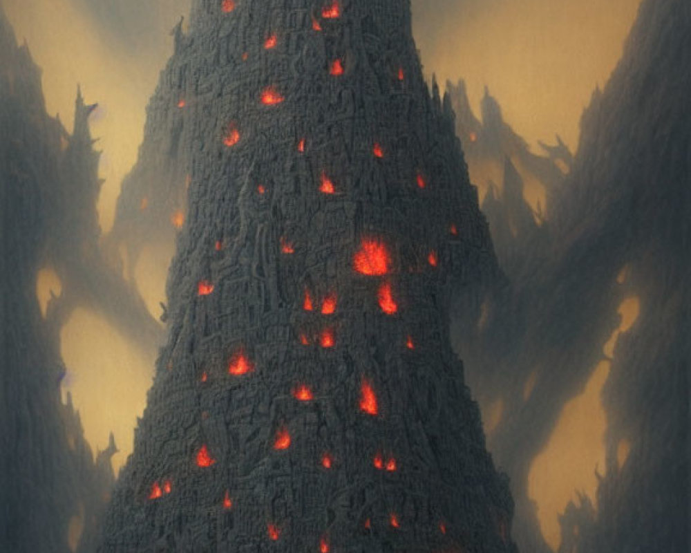 Dark mountain with glowing lava veins under hazy sky