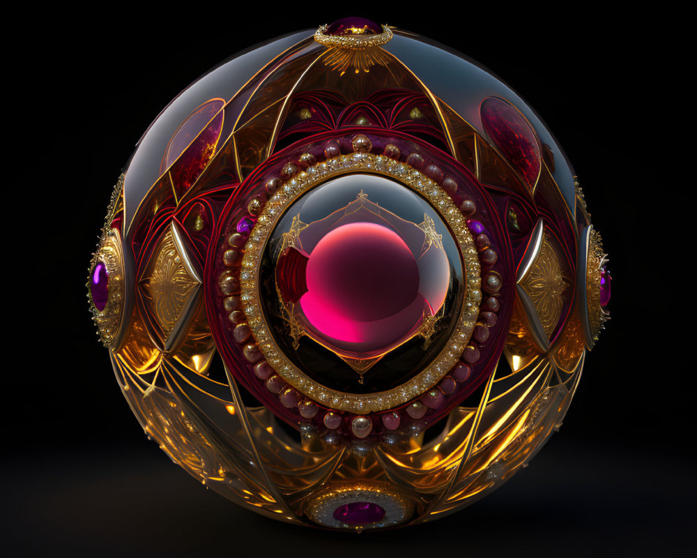 Intricate 3D art object with gold, red, and purple patterns on dark background