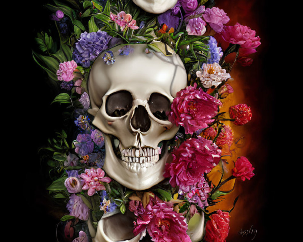 Human skulls with colorful flowers and foliage on black background