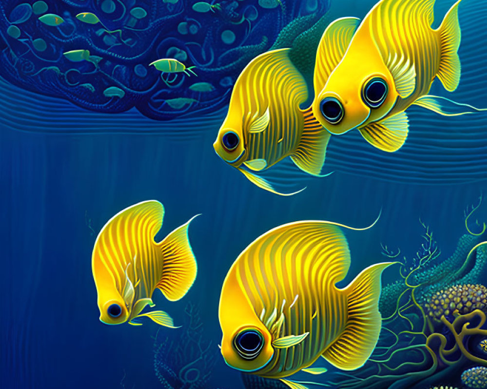 Vibrant underwater scene with yellow fish, blue whale, and coral reefs