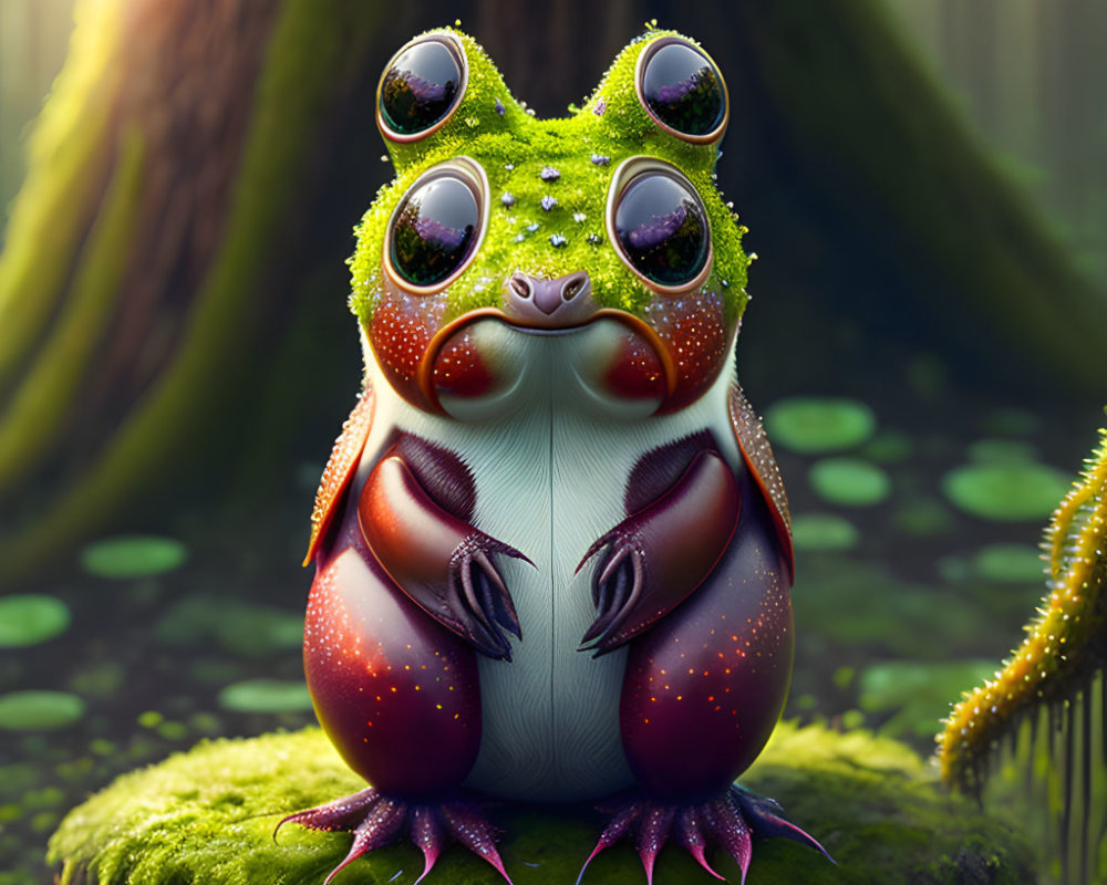 Illustration of chubby frog in forest with sunlight filtering through trees