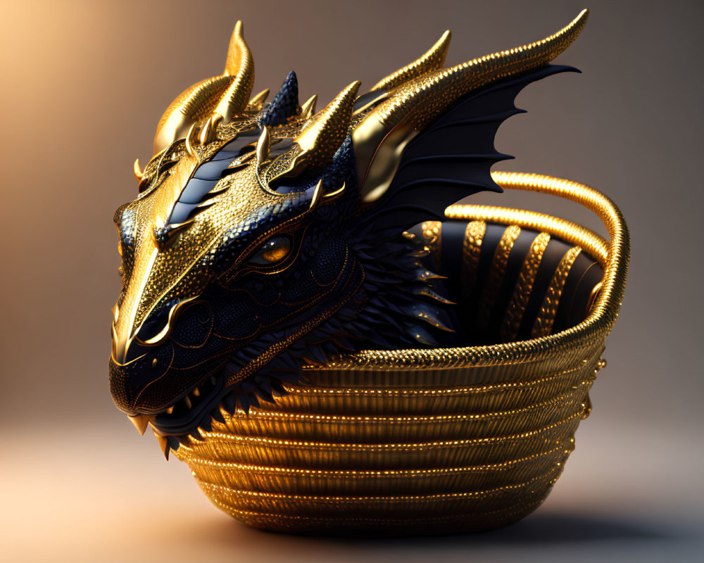 Detailed Golden Dragon Sculpture Coiled in Matching Basket