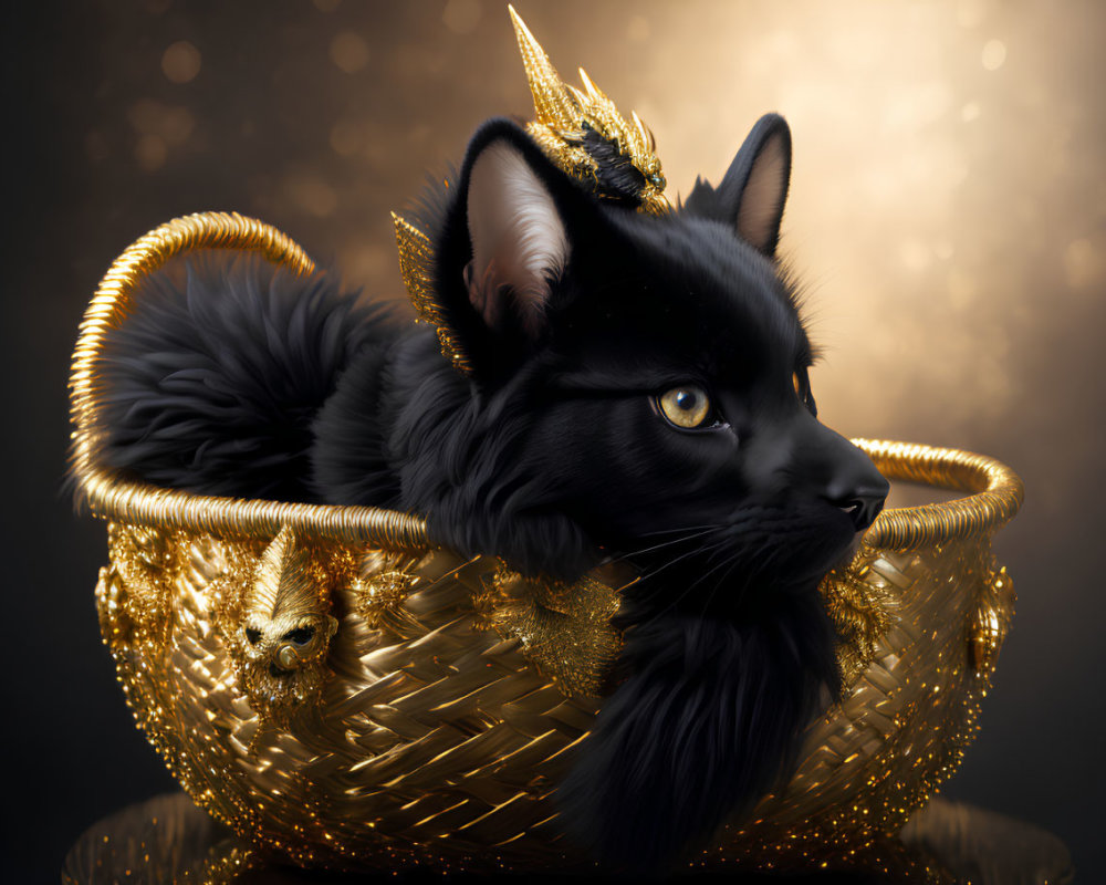 Majestic Black Cat with Golden Crown and Jewelry in Ornate Basket