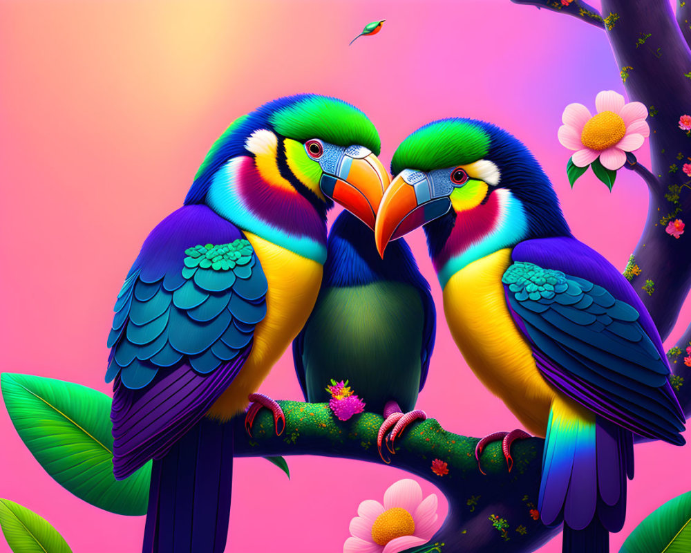 Colorful toucans touching beaks on branch, pink background with flowers.