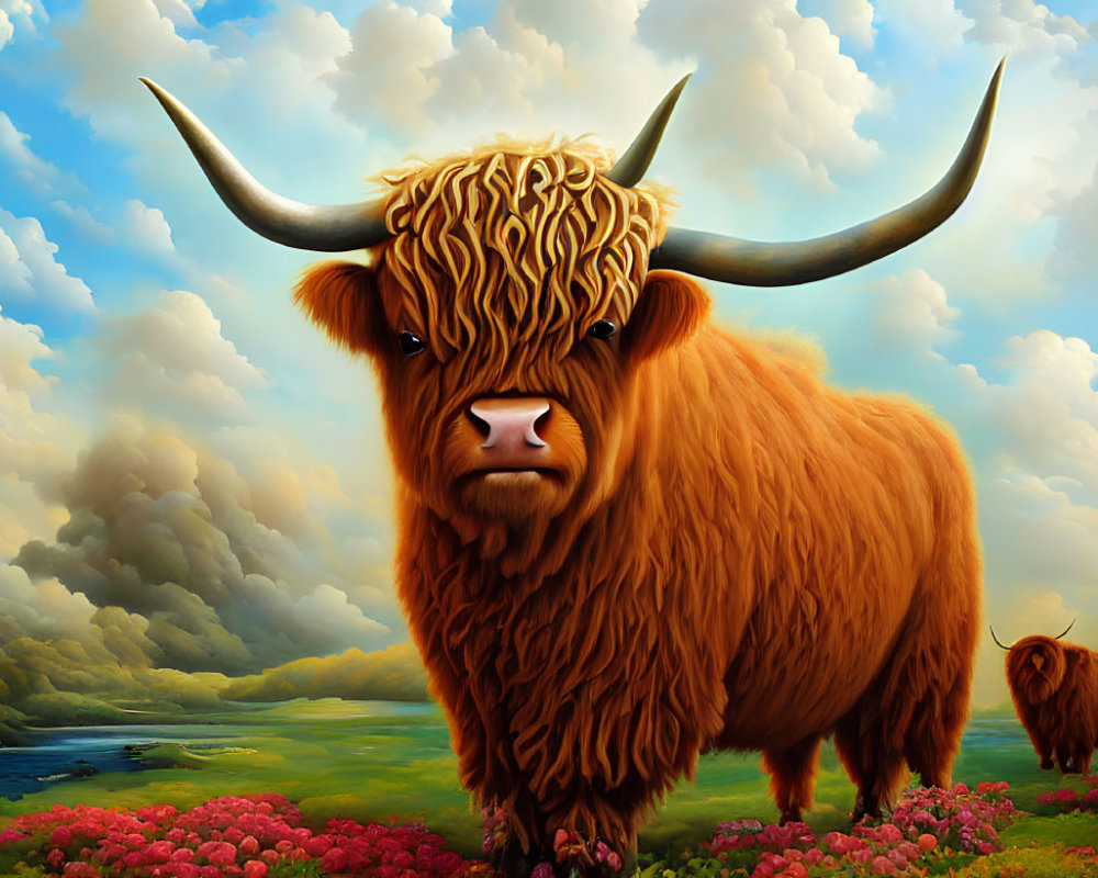 Stylized painting of highland cattle in vibrant field with pink flowers