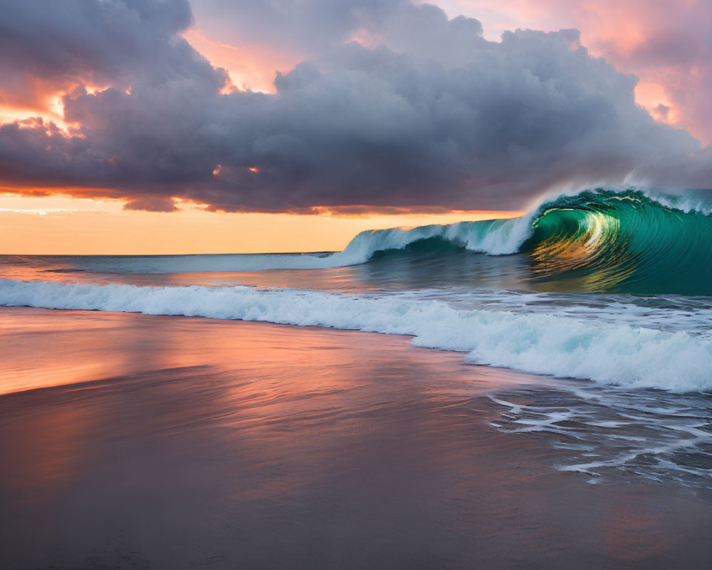 Vibrant sunset sky reflecting on beach with perfect barrel wave cresting