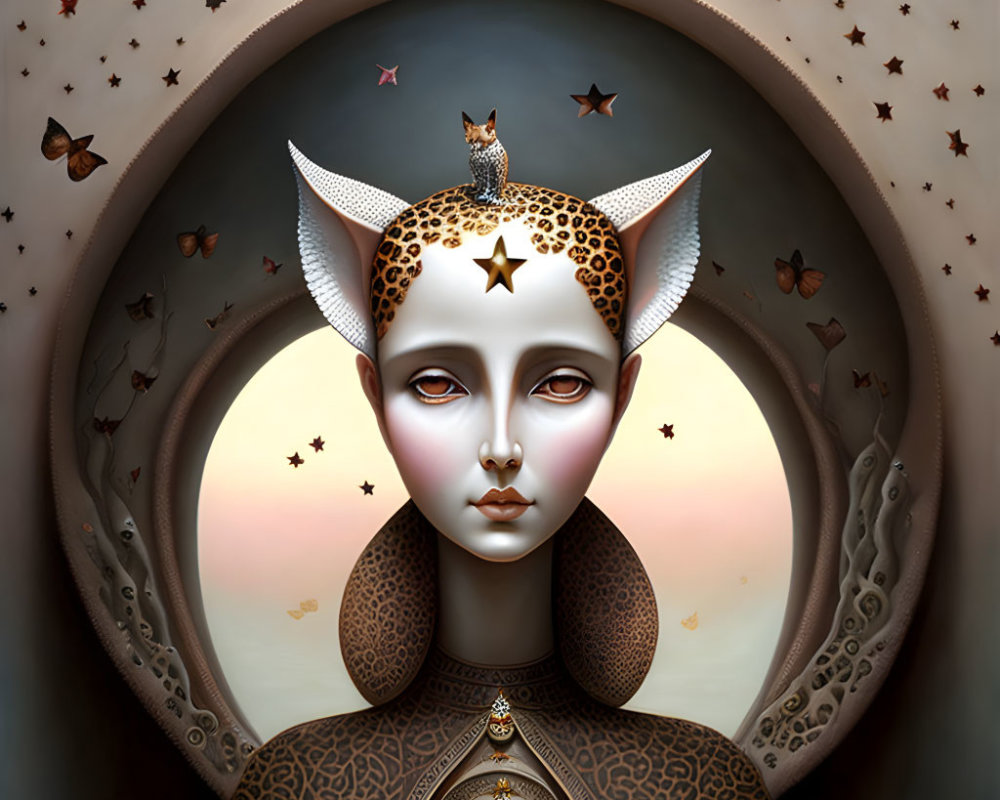 Surreal portrait blending feline and human features with star accents and crescent moons against a twilight