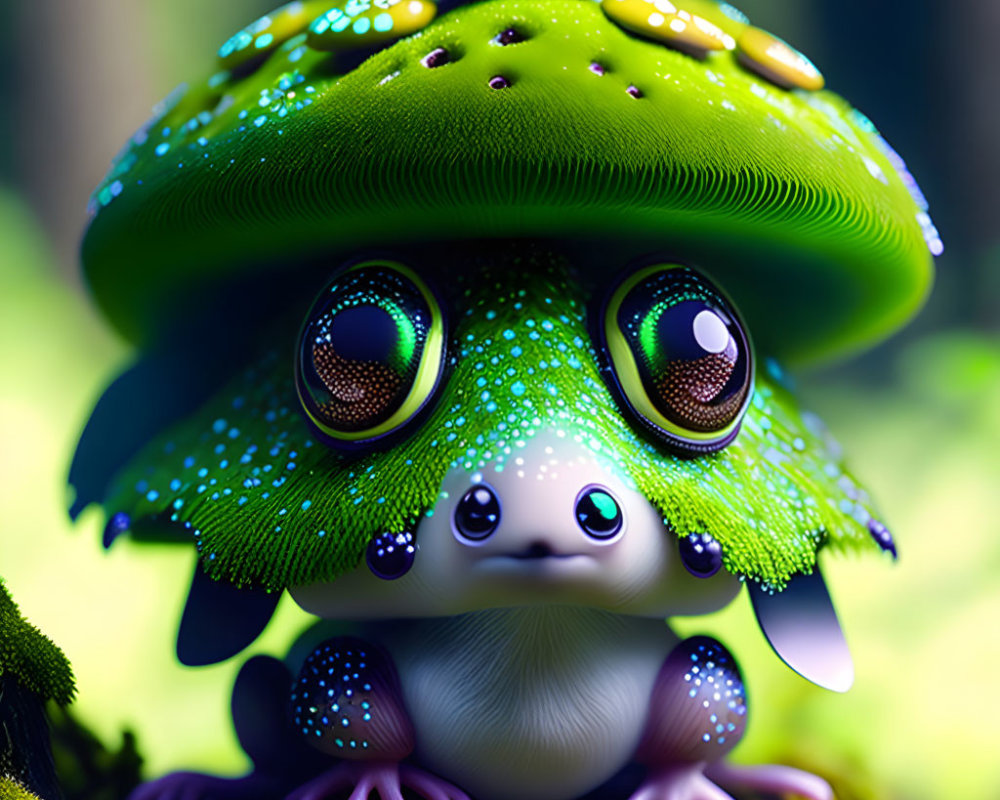 Colorful frog with mushroom cap in digital art