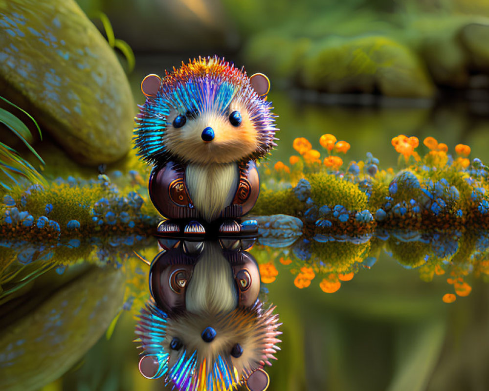 Colorful hedgehog artwork with illuminated spines in serene waters