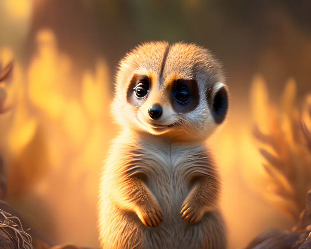 Alert meerkat in golden-hued setting with soft foliage focus