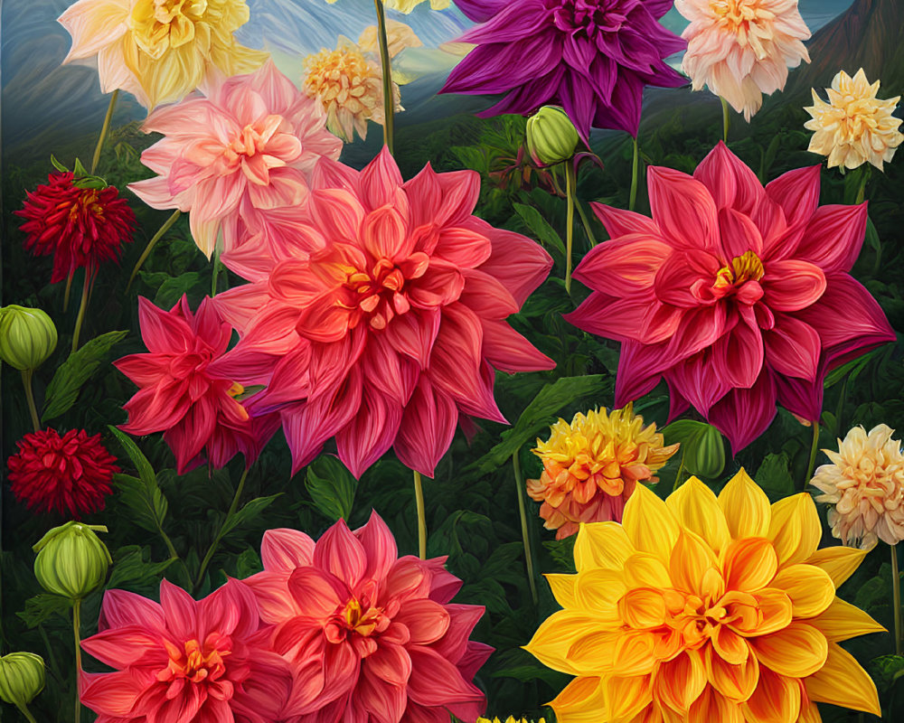 Colorful Dahlia Collection Against Mountain Backdrop